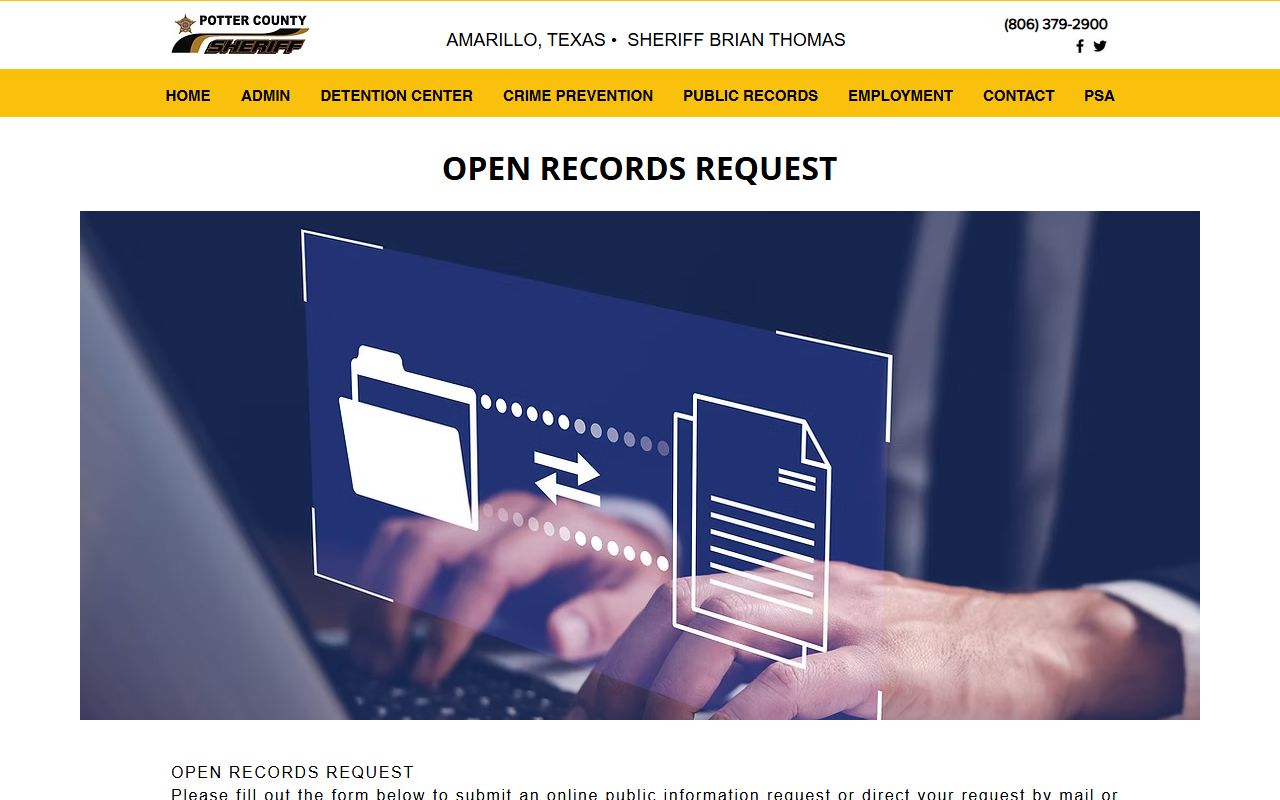 Potter County booking photo open records request page